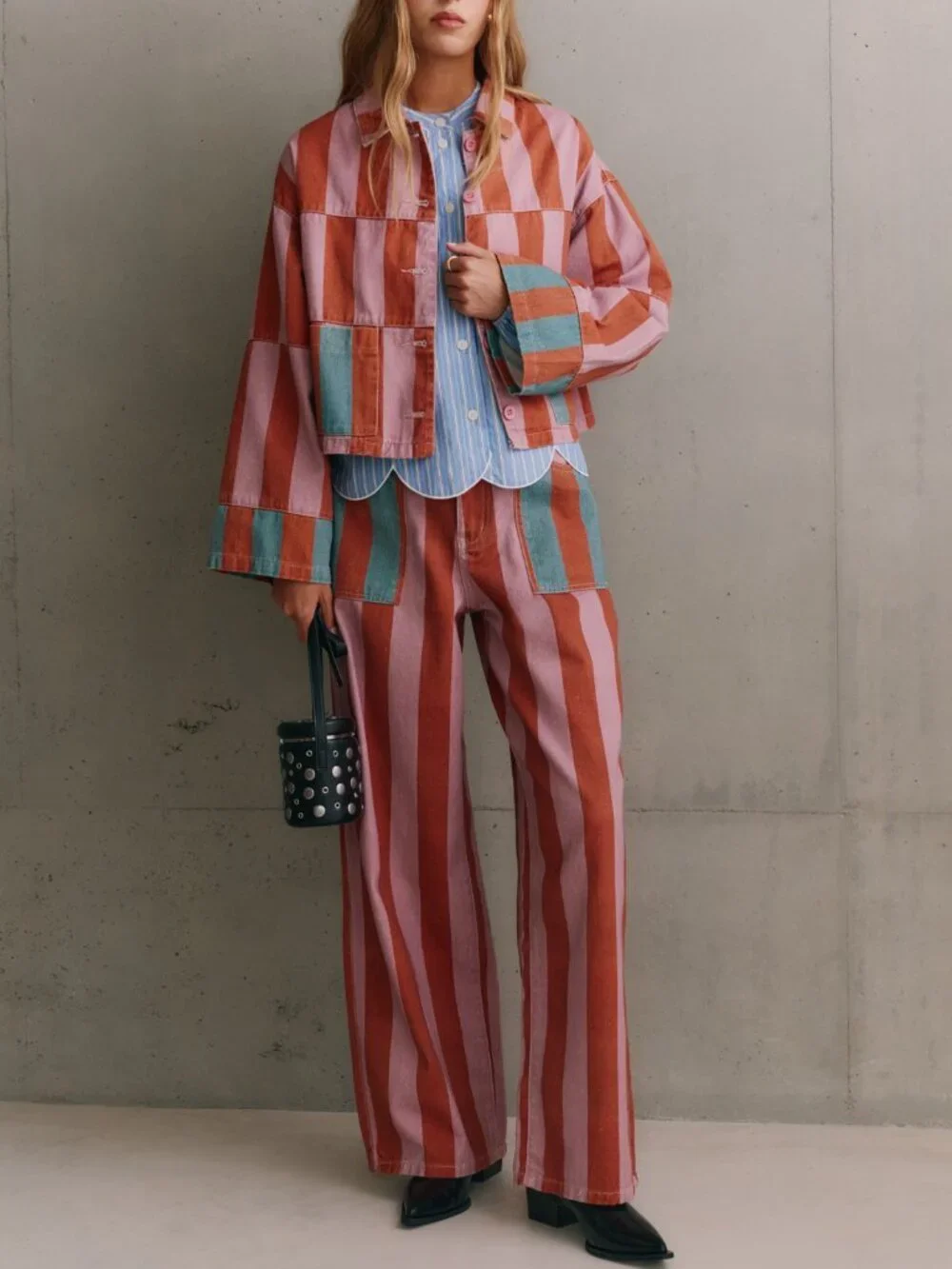 Multicolor Casual Women's Bold Striped Regular Fit Baggy Wide Leg Denim Trousers